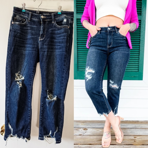 Judy Blue After Hours Dark Wash Destroyed Hem Cropped Straight Leg Jeans Size 9 - Picture 1 of 16